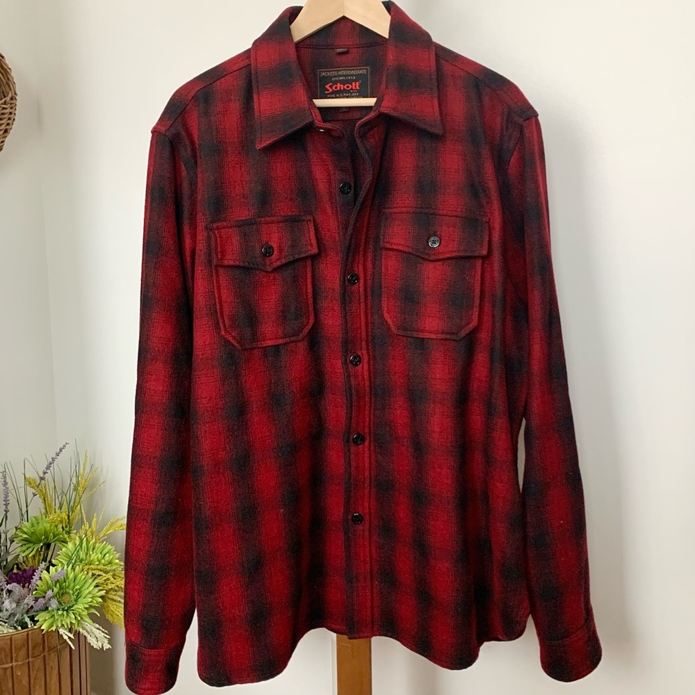 Schott Bros NYC CPO Wool Flannel Red Check Utility Work Shirt Jacket Mens XL